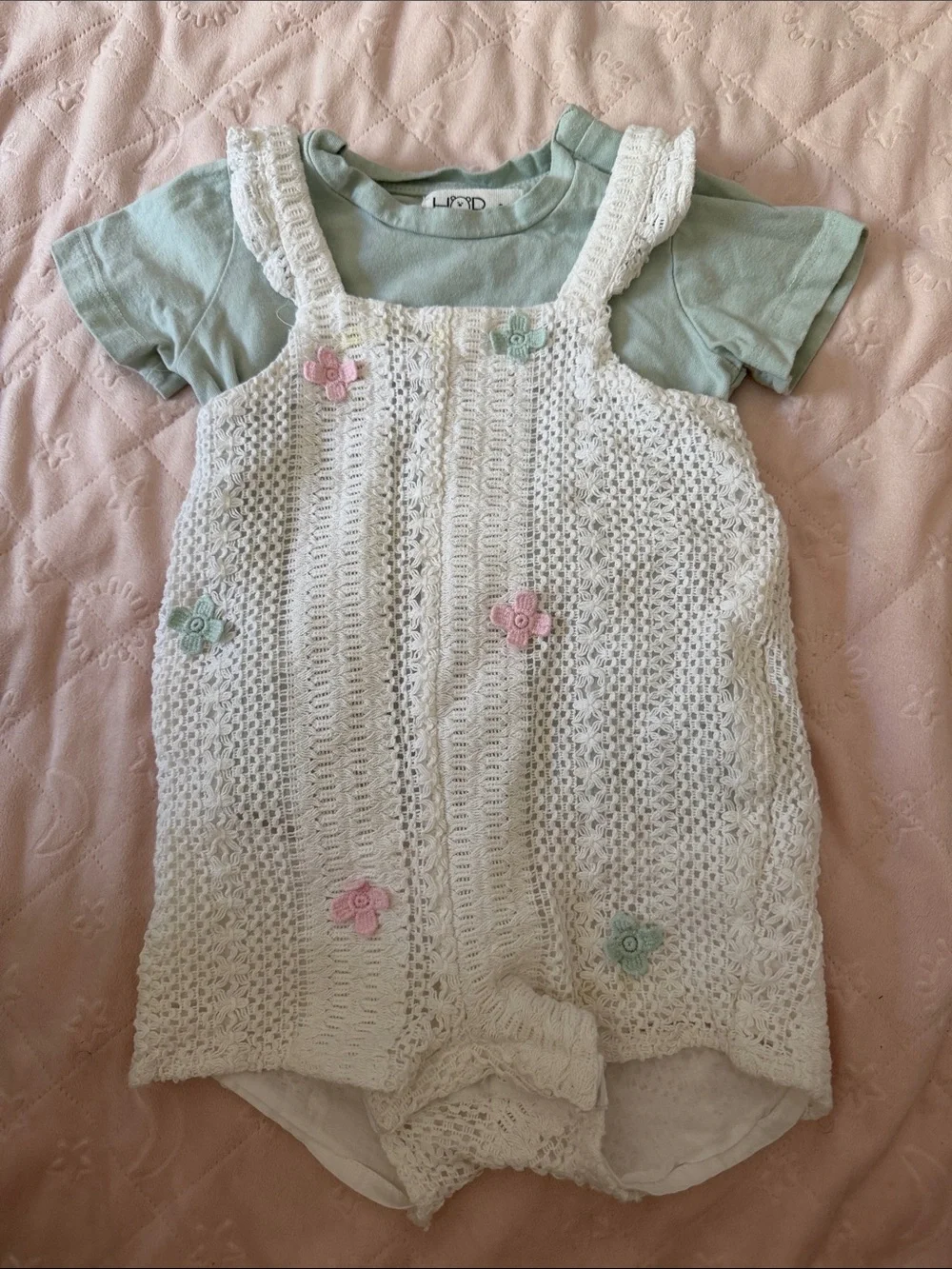 White Crochet Floral Romper with Mint Tee 9-12months